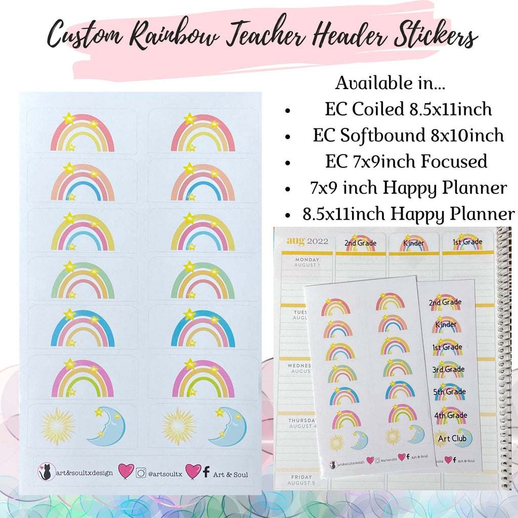 Custom Rainbow Teacher Header Stickers for Erin Condren and Happy Planner teacher planners.