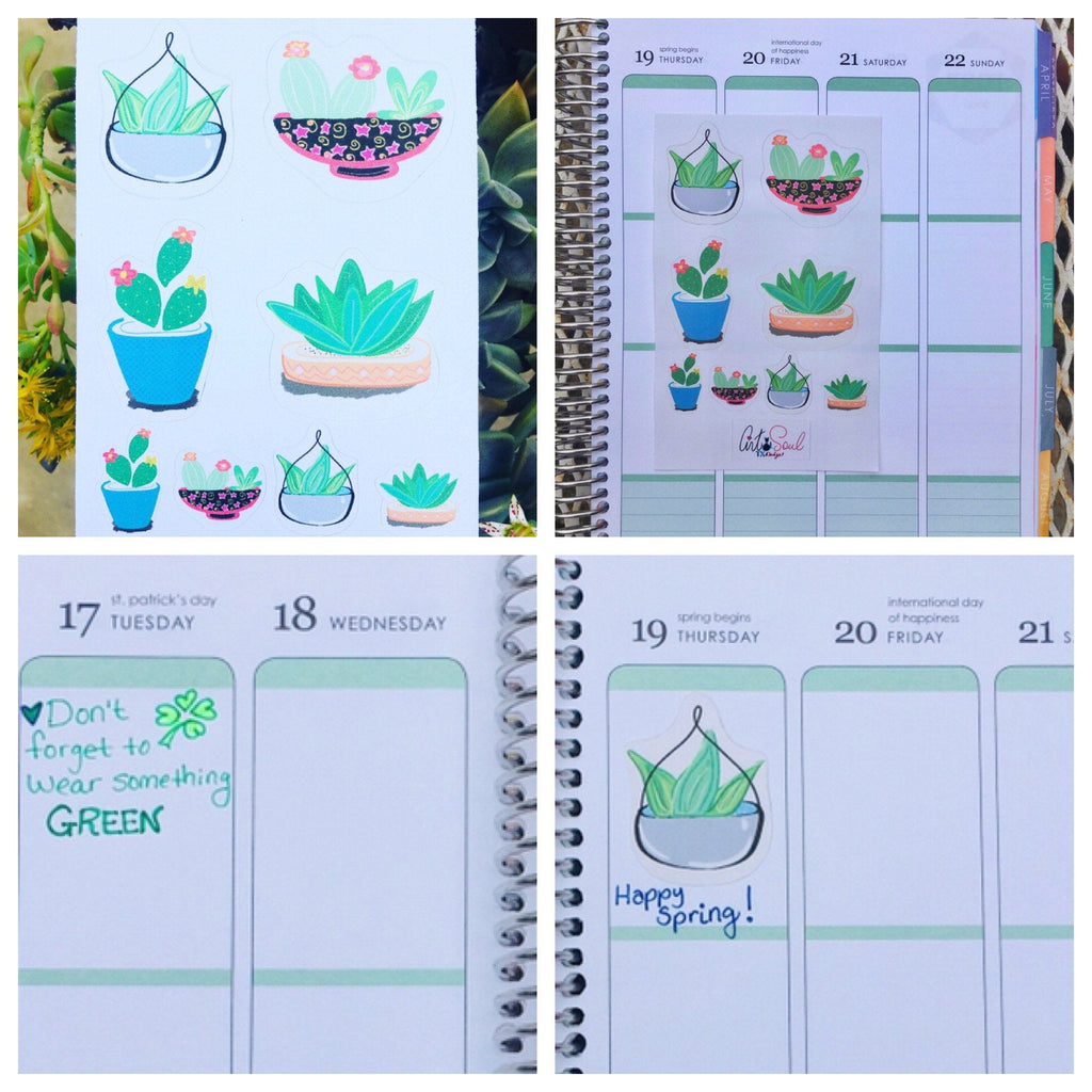A Cactus Planner Sticker sheet and examples f the stickers in an Erin Condren Life Planner.