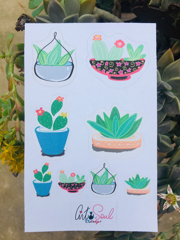 A Cactus, Succulent, Desert Plants Life Planner Sticker Sheet on a background of desert succulents.