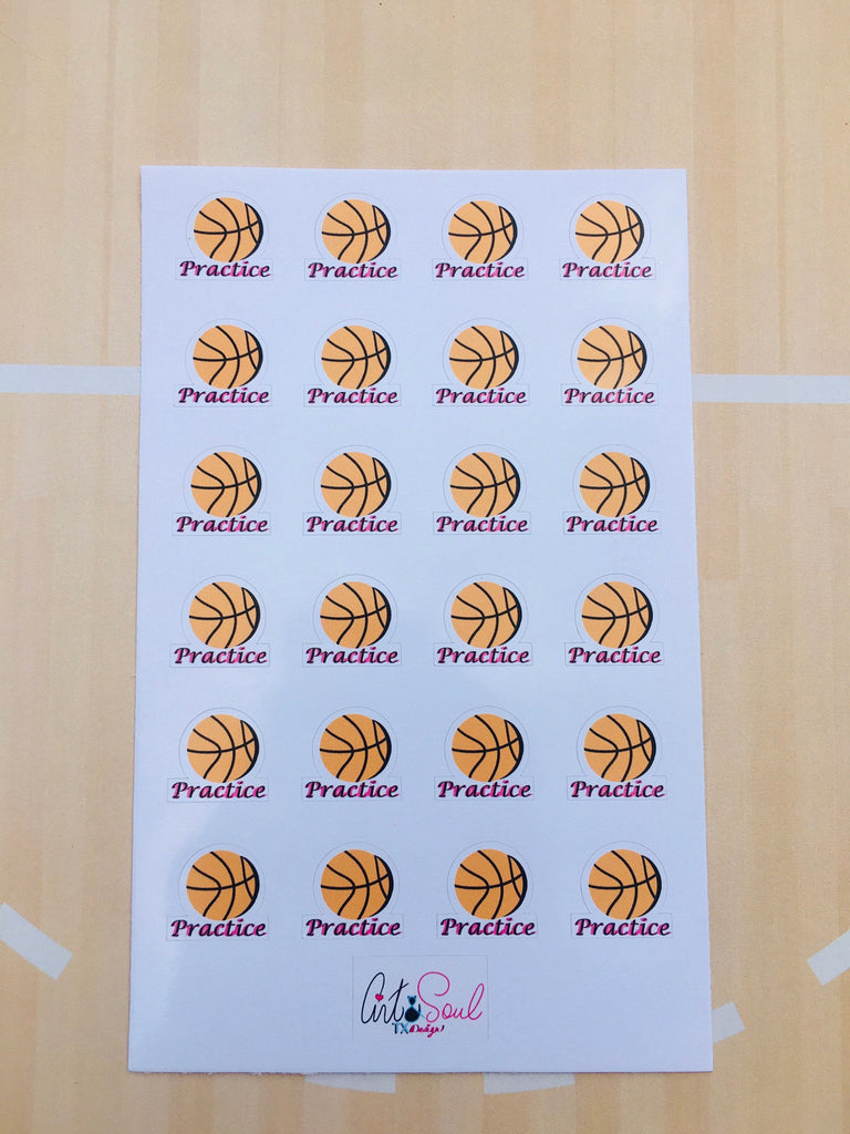 A close-up of the Basketball Practice sticker sheet on top of a basketball court background.