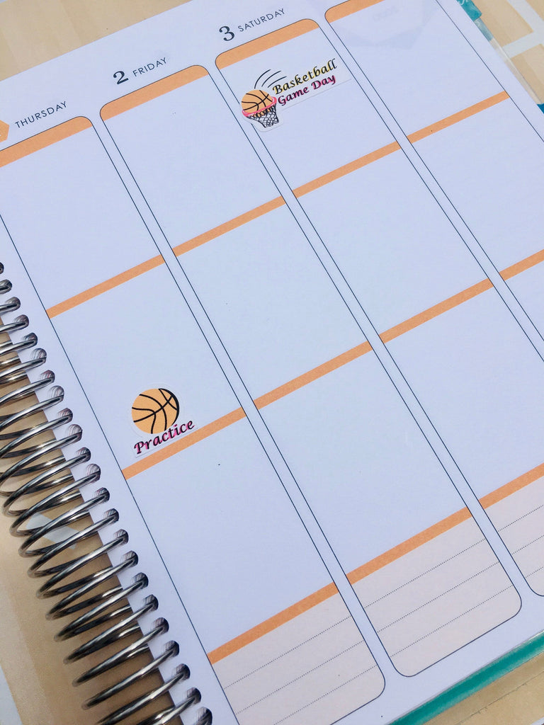 Individual Basketball Practice stickers and Basketball Game Day sticker placed in an Erin Condren life planner.