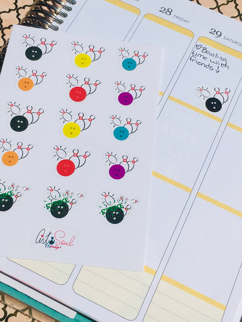 A Bowling Life Planner Sticker Sheet on top of an open Erin Condren life planner.  There is also a single Bowling Sticker placed in the planner page with the words "Bowling time with friends!".