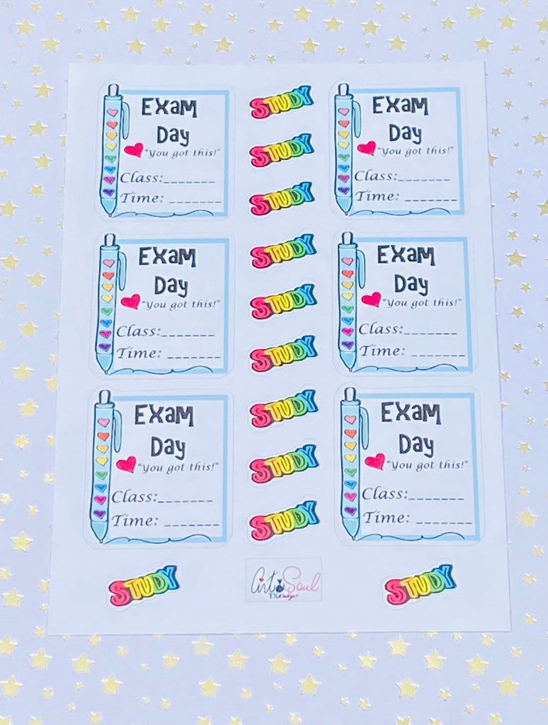 Each sheet comes with 6 Exam Day stickers and 11 Study stickers.