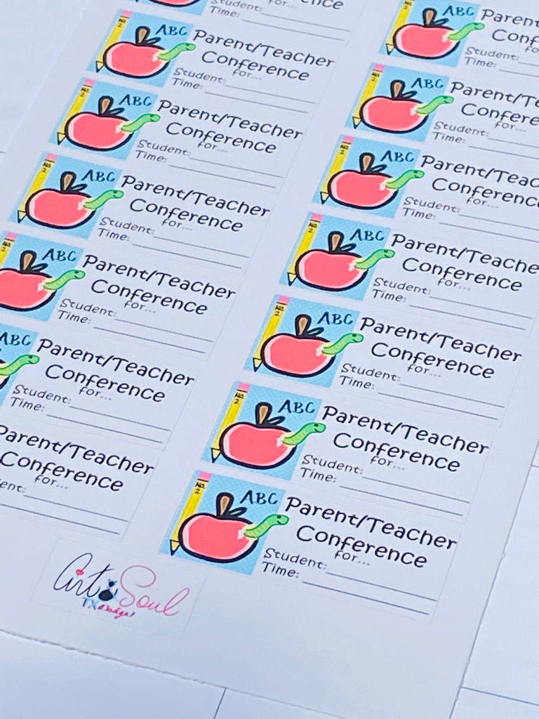 An angle-view and close-up of the parent/teacher conference sticker sheet.  Made by Art & Soul TX Design.