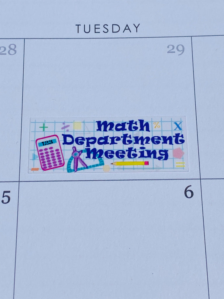 A close up of the Math Department Meeting sticker.  It has drawings of graph paper, a calculator, a compass, a pencil, and various math symbols.