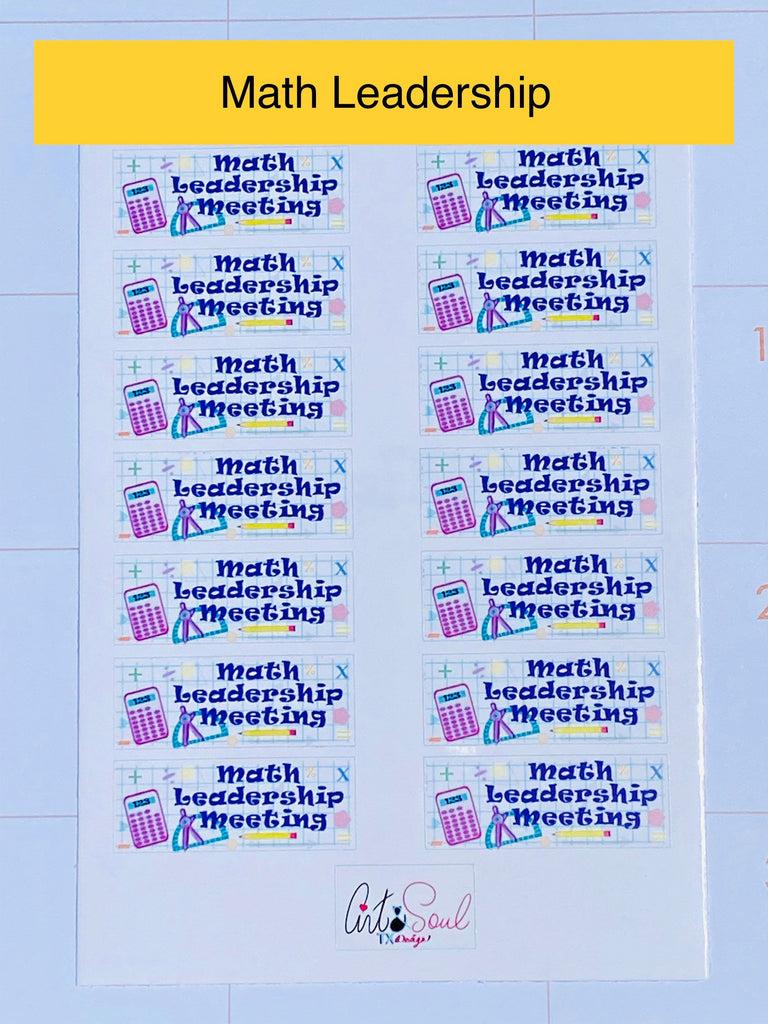 A sheet of Math Leadership Meeting stickers.  Each sheet is approximately 4 inches by 6 inches and contains 14 stickers.  Each sticker is 1.75 x 0.65 inches.