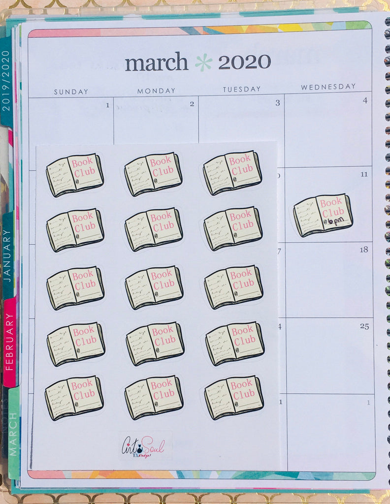 A whole Book Club sticker sheet and an individual sticker sitting on top of an Erin Condren life planner.  6 pm is written on the individual sticker example.