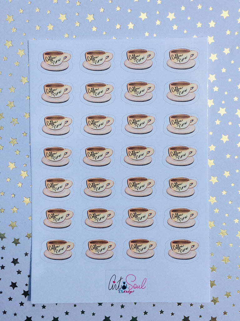 Each sheet is approximately 4 by 6 inches and contains 28 Coffee Time stickers.