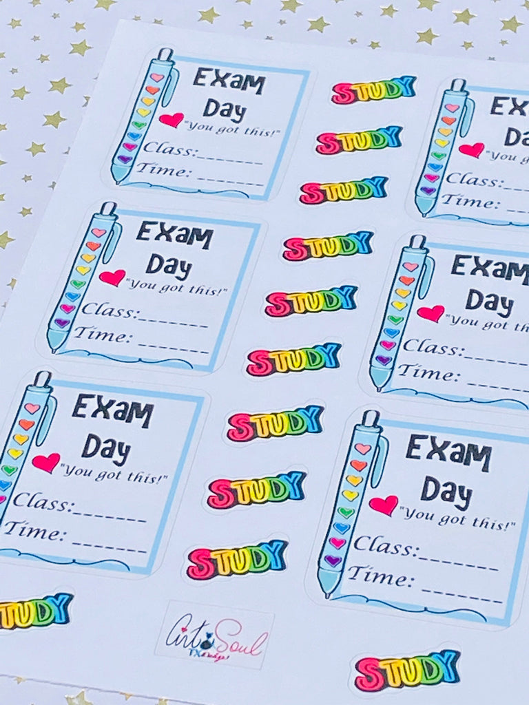 A close-up of the sticker sheet.  The Exam Day sticker has a pen with colorful hearts and lines to write the time and subject of the exam.  The Study stickers show the word "study" in red, yellow green, and blue rainbow colors.