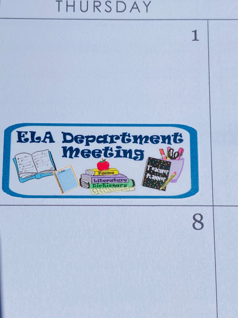 A close-up of an ELA Department meeting sticker in a teacher planner.  Several books and the words "EL Department Meeting" are on each sticker.