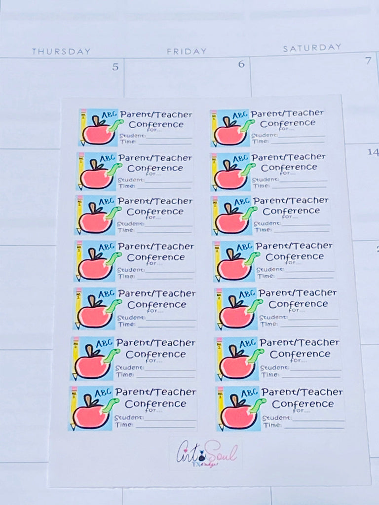 A parent/teacher conference sticker sheet in an open teacher planner.