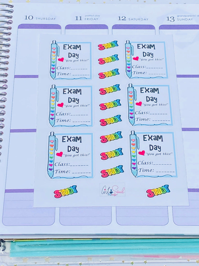 A sheet of College Exam Day Planner stickers.  Each sheet contains Study and Exam Day stickers.