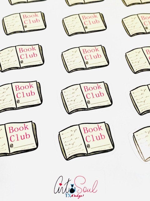 Book Club Planner Stickers close-up.  A drawing of an open book with book text on the left page and the word "Book Club" on the right page with a space to write the time your weekly book club.